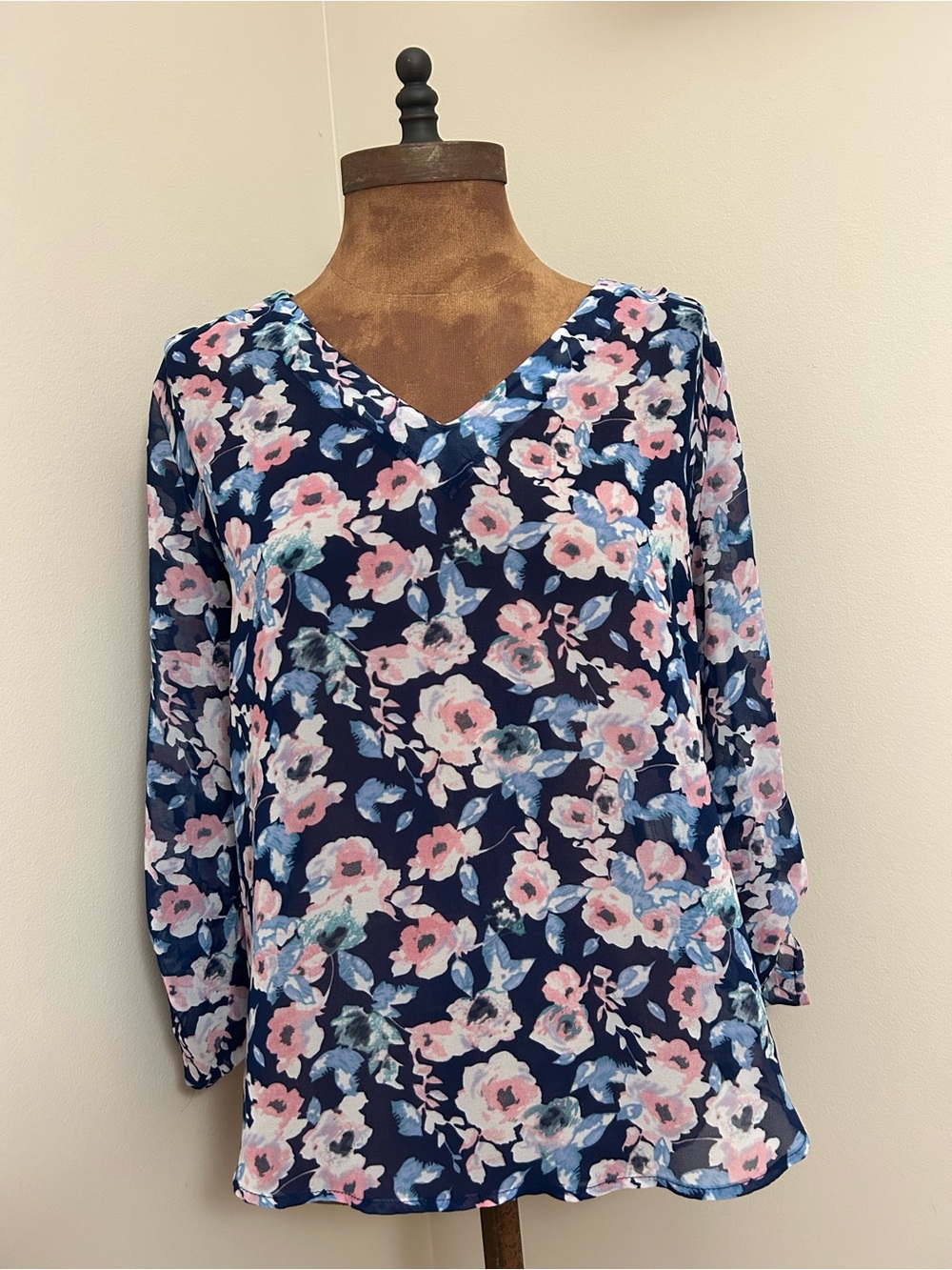 Alice Blue Navy Floral V-Neck Blouse with Pink & Light Blue Flowers